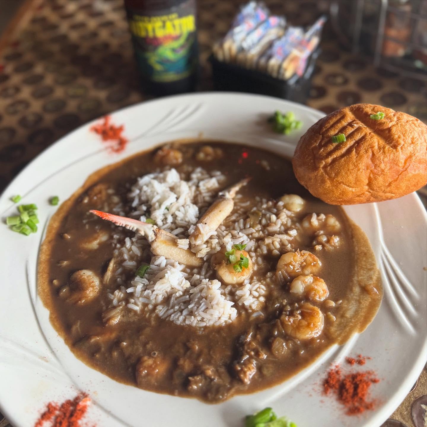Authentic Louisiana gumbo with rice and fresh bread